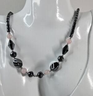 Hematite and Rose Quartz Necklace w/ Barrel Clasp